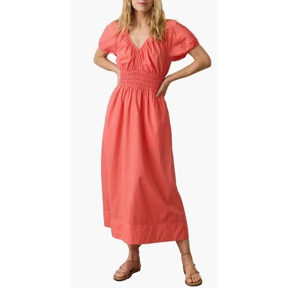Marine Layer Dresses & Skirts - Marine Layer Emery Poplin Midi Dress Puff Sleeve Smocked Coral Pima Cotton Med